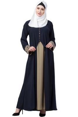 Double Layered Abaya With Embroidery Work On Sleeves- Navy Blue-Beige 1