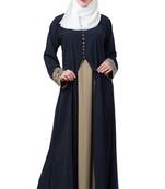 Double Layered Abaya With Embroidery Work On Sleeves- Navy Blue-Beige