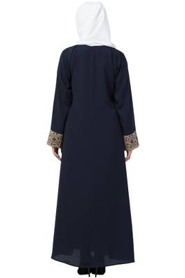 Double Layered Abaya With Embroidery Work On Sleeves- Navy Blue-Beige 2