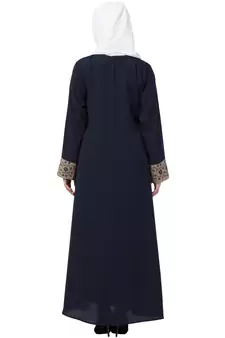Double Layered Abaya With Embroidery Work On Sleeves- Navy Blue-Beige