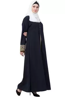 Double Layered Abaya With Embroidery Work On Sleeves- Navy Blue-Beige