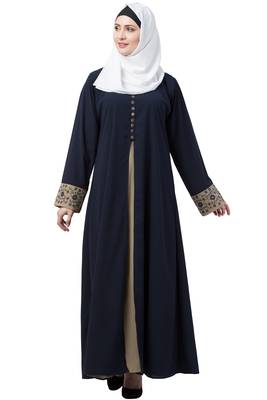 Double Layered Abaya With Embroidery Work On Sleeves- Navy Blue-Beige 4