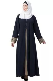 Double Layered Abaya With Embroidery Work On Sleeves- Navy Blue-Beige