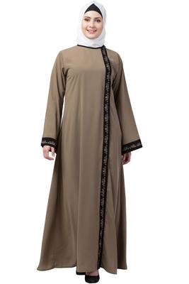 MRC Women Front Open Abaya With Embroidery Work- Beige-Black 1