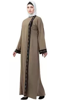MRC Women Front Open Abaya With Embroidery Work- Beige-Black