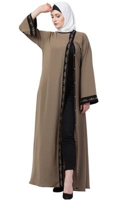 MRC Women Front Open Abaya With Embroidery Work- Beige-Black 4