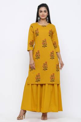Yellow printed cotton kurta-sets 1