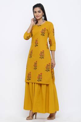 Yellow printed cotton kurta-sets 3