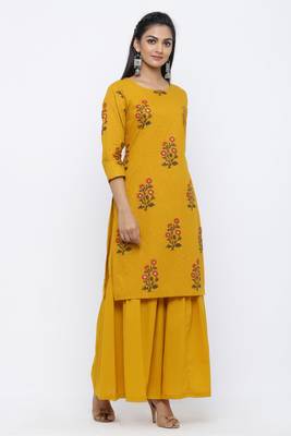 Yellow printed cotton kurta-sets 4