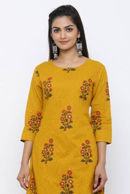Yellow printed cotton kurta-sets 5
