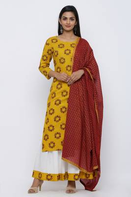 Yellow printed rayon kurta-sets 1