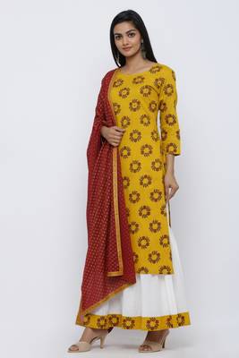 Yellow printed rayon kurta-sets 2