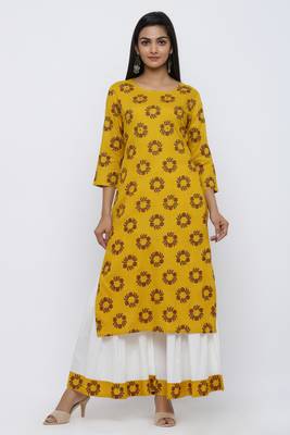 Yellow printed rayon kurta-sets 4
