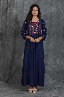 Navy-blue woven rayon long-kurtis 1