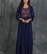 Navy-blue woven rayon long-kurtis