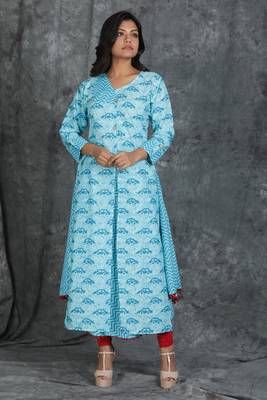 Sky-blue printed cotton cotton-kurtis 1