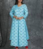 Sky-blue printed cotton cotton-kurtis