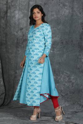 Sky-blue printed cotton cotton-kurtis 2