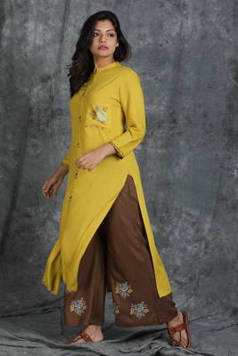 Yellow embroidered cotton cotton-kurtis 2
