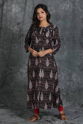 Black embroidered rayon long-kurtis 1