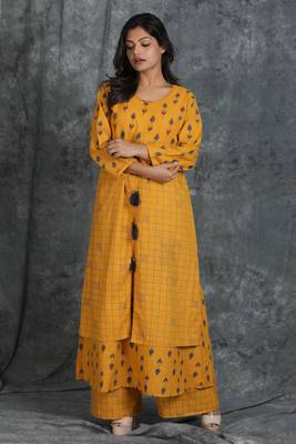 Yellow printed cotton cotton-kurtis 1