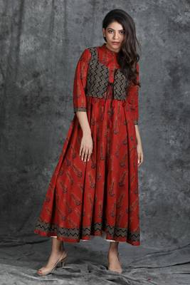 Maroon printed cotton cotton-kurtis 1