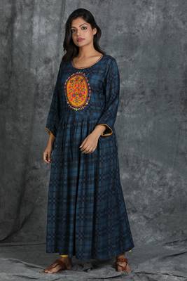 Navy-blue embroidered rayon long-kurtis 1