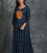 Navy-blue embroidered rayon long-kurtis