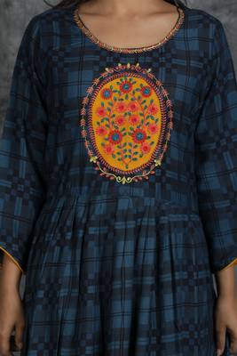 Navy-blue embroidered rayon long-kurtis 3