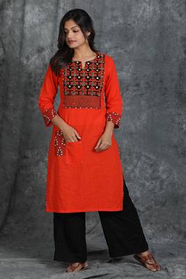 Orange woven cotton cotton-kurtis 1