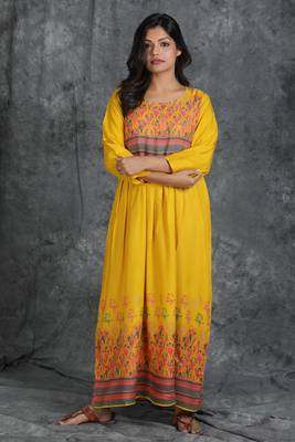 Yellow printed rayon long-kurtis 1