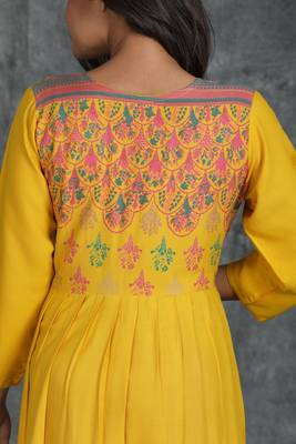 Yellow printed rayon long-kurtis 3