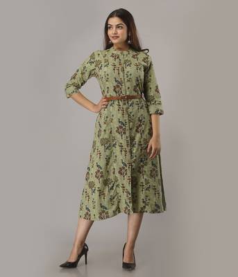 Women's  Green Cotton Flex Printed A-Line Kurta 1