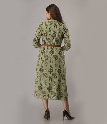 Women's  Green Cotton Flex Printed A-Line Kurta 2