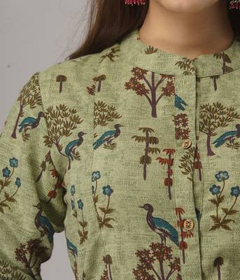 Women's  Green Cotton Flex Printed A-Line Kurta 3