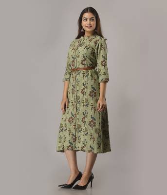 Women's  Green Cotton Flex Printed A-Line Kurta 5