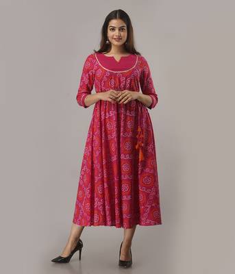 Women's  Pink Cotton Bandhej Printed Anarkali Kurta 1