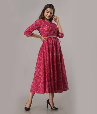 Women's  Pink Cotton Bandhej Printed Anarkali Kurta 2