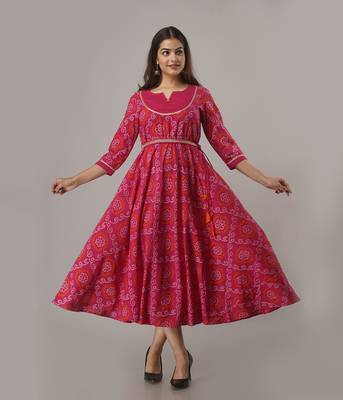 Women's  Pink Cotton Bandhej Printed Anarkali Kurta 3