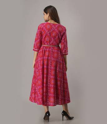 Women's  Pink Cotton Bandhej Printed Anarkali Kurta 4