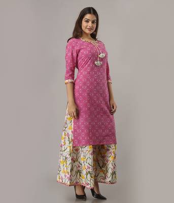 Women's  Pink Cotton Geometric Printed Straigth Kurta with Palazzo Set 4