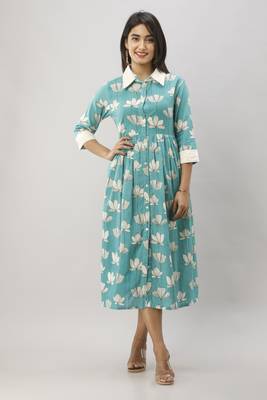 Women's Green Cotton Floral Printed Anarkali Kurta 1