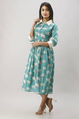 Women's Green Cotton Floral Printed Anarkali Kurta 2