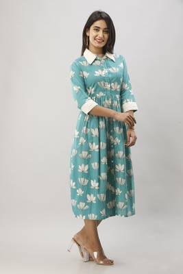 Women's Green Cotton Floral Printed Anarkali Kurta 3