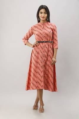 Women's Peach Cotton Flex Geometric Printed A-Line Kurta 1