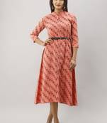 Women's Peach Cotton Flex Geometric Printed A-Line Kurta