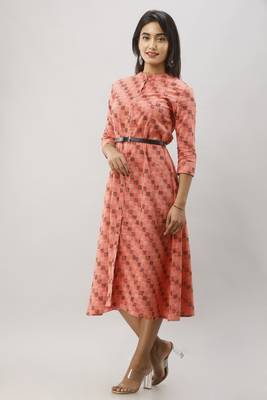 Women's Peach Cotton Flex Geometric Printed A-Line Kurta 2