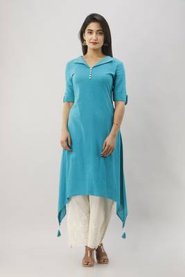 Women's Teal Cotton Slub Solid Assymetric Kurta 1