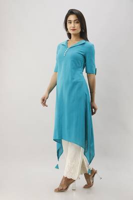 Women's Teal Cotton Slub Solid Assymetric Kurta 2