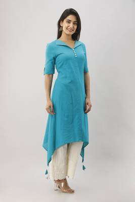 Women's Teal Cotton Slub Solid Assymetric Kurta 3